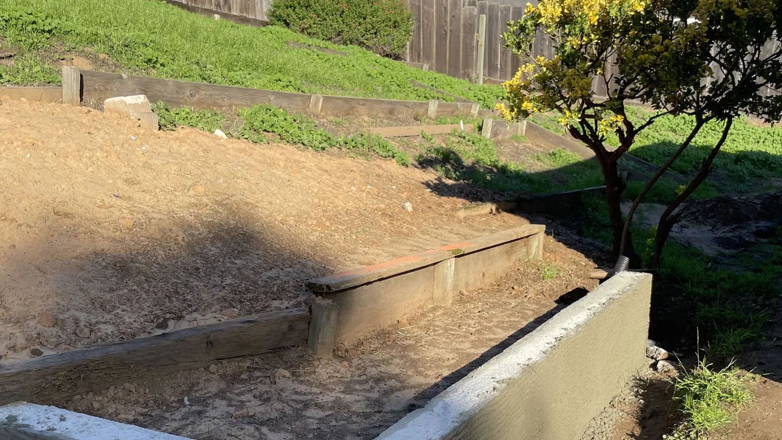 Terraced hillside yard with a new concrete block retaining wall in its scratch coat by Aguilar and Sons Construction, serving Prunedale, CA