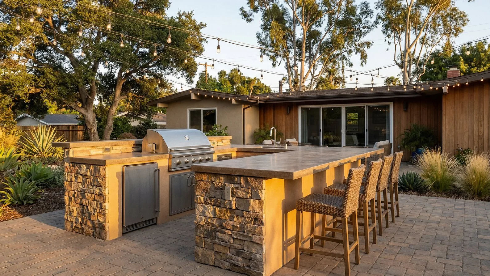 Outdoor kitchen with stone bar, grill and stools on a paver patio
